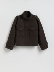 Kurtka z kieszeniami - ciemnobrązowy. Brązowe kurtki Reserved, l, bez wzorów, z dzianiny, bez kaptura. Za 229.99 zł.