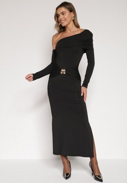 Czarna Sukienka z Wiskozą Wywiniętym Dekoltem Marszczeniem i Metaliczną Ozdobą Reillea. Czarne sukienki Born2be, na co dzień, m, z aplikacjami, z wiskozy, eleganckie, bez kołnierzyka, bez ramiączek, maxi. Za 119.99 zł.