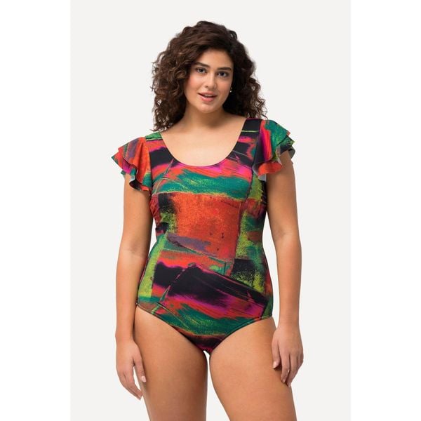 Damski Strój kąpielowy rękawy z falbankami miękkie miseczki okrągły dekolt. Zielone stroje jednoczęściowe Ulla Popken, bez wzorów, z elastanu, sportowe. Za 244.99 zł.