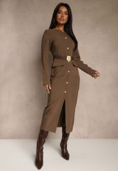 Brązowa Taliowana Sukienka z Eleganckimi Guzikami i Metaliczną Klamrą Espedia. Brązowe sukienki Renee, do pracy, l, bez wzorów, biznesowe, bez kołnierzyka, bez ramiączek, maxi. Za 169.99 zł.