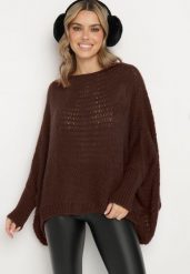 Brązowy Luźny Sweter w Stylu Ponczo Kossela. Brązowe swetry Born2be, bez wzorów, z jeansu, wizytowe, bez ramiączek. W wyprzedaży za 76.49 zł.