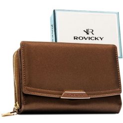 Brązowy portfel damski ze skóry ekologicznej wyposażony w system RFID - Rovicky. Brązowe portfele ROVICKY, bez wzorów, ze skóry ekologicznej. Za 79.99 zł.