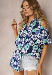 Niebieska Koszula Open Shoulder w Kwiatowy Print Veconda. Niebieskie koszule Renee, xl, bez wzorów, bez kołnierzyka, bez ramiączek. W wyprzedaży za 34.99 zł.