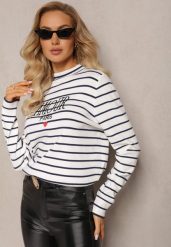 Biały Sweter Golf w Paski z Ozdobnym Haftem Olylla. Białe swetry Renee, bez wzorów, z dzianiny, casualowe, bez ramiączek. W wyprzedaży za 111.99 zł.