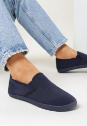 Granatowe Tenisówki Materiałowe na Płaskiej Podeszwie Ediany. Niebieskie trampki Born2be, bez wzorów, z materiału, bez zapięcia. W wyprzedaży za 33.99 zł.