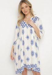 Niebiesko-Kremowa Sukienka w Stylu Boho z Wiskozą Davivara. Niebieskie sukienki Born2be, na co dzień, l, z aplikacjami, z wiskozy, boho, bez kołnierzyka, bez ramiączek, midi. Za 99.99 zł.