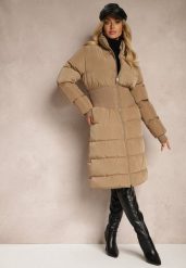 Ciemnobeżowa Kurtka z Pikowanymi Przeszyciami ze Stójką i Szeroką Gumką w Talii Hediala. Brązowe kurtki Renee, l, bez wzorów, z jeansu, eleganckie, bez kaptura. W wyprzedaży za 129.49 zł.
