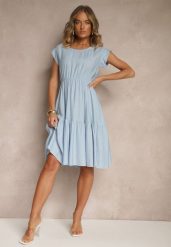 Jasnoniebieska Rozkloszowana Sukienka z Wiskozy Linurea. Niebieskie sukienki Renee, na co dzień, bez wzorów, z wiskozy, eleganckie, bez kołnierzyka, bez ramiączek, midi, rozkloszowane. W wyprzedaży za 67.99 zł.