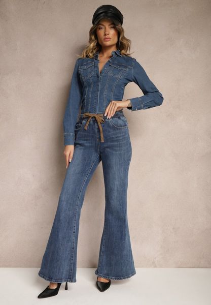 Niebieskie Bawełniane Jeansy Dzwony High Waist Ozdobione Sznurkiem Sovirra. Niebieskie jeansy Renee, l, z aplikacjami, z bawełny, eleganckie, z podwyższonym stanem. Za 149.99 zł.