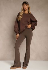Brązowe Spodnie High Waist z Elastycznego Materiału z Gumką w Talii Dorra. Brązowe jeansy Renee, l, bez wzorów, z jeansu, biznesowe, z podwyższonym stanem. Za 69.99 zł.