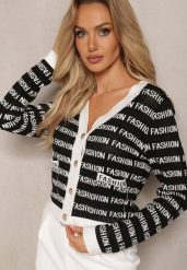 Czarno-Biały Krótki Kardigan z Napisami Fashion i Guzikami Winifa. Czarne swetry Renee, bez wzorów, bez ramiączek. W wyprzedaży za 47.99 zł.