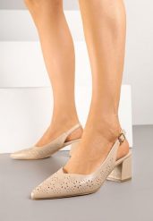 Ciemnobeżowe Sandały Vices na Słupku Slingback z Ażurową Cholewką i Skórzaną Wkładką Tiranis. Brązowe sandały Renee, w ażurowe wzory, klasyczne, bez obcasa, na obcasie, bez zapięcia. Za 79.99 zł.