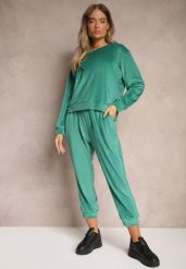 Zielony Komplet Dresowy z Weluru Luźna Bluza z Dekoltem w V i Elastyczne Spodnie z Kieszeniami Esparkia. Zielone bluzy Renee, l, bez wzorów, z dresówki, bez ramiączek, bez kaptura. W wyprzedaży za 83.99 zł.