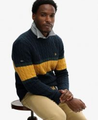 Superdry Sweter warkoczowy z organicznej bawełny — Eclipse Navy/Track Gold. Żółte swetry Superdry, xl, z aplikacjami, z bawełny, klasyczne, bez ramiączek. Za 336.85 zł.