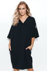 Oversizowa Sukienka w Serek z Dzianiny Dresowej - Czarna. Czarne sukienki Makadamia, m, bez wzorów, z bawełny, bez kołnierzyka, bez ramiączek. Za 249.90 zł.