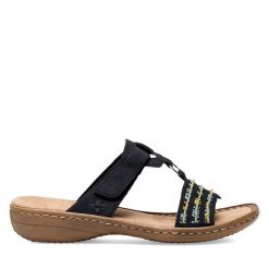 Klapki Rieker. Niebieskie klapki Rieker, bez wzorów, bez obcasa, bez zapięcia. Za 279.99 zł.