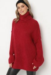 Bordowy Golf Oversize z Dzianiny z Wełną i Moherem Temittes. Czerwone swetry Born2be, bez wzorów, z dzianiny, eleganckie, bez ramiączek. W wyprzedaży za 161.49 zł.