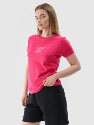 4F T-shirt slim z nadrukiem damski - różowy M. Czerwone t-shirty 4f, m, bez wzorów, z dzianiny, klasyczne, bez kołnierzyka, bez ramiączek. Za 29.99 zł.