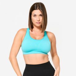 Stanik sportowy Decathlon. Zielone biustonosze sportowe KALENJI, bez wzorów, z elastanu, do biegania. Za 29.99 zł.