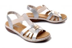 Rieker 65918-91 metallic, sandały damskie. Brązowe sandały Rieker, bez wzorów, bez obcasa, na płaskiej podeszwie, bez zapięcia. Za 289.90 zł.