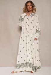 Biało-Zielona Rozkloszowana Sukienka Ozdobiona Haftem i Wzorem Boho Ronavere. Białe sukienki Renee, na co dzień, l, bez wzorów, boho, bez kołnierzyka, bez ramiączek, maxi, kopertowe. W wyprzedaży za 151.99 zł.