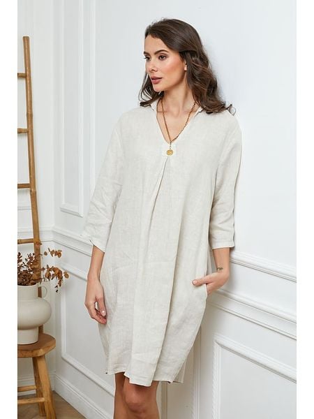 Fleur de Lin Lniana sukienka w kolorze beżowym rozmiar: M. Brązowe sukienki Fleur de Lin, na co dzień, m, bez wzorów, ze lnu, bez kołnierzyka, bez ramiączek, midi, proste. Za 153.71 zł.