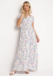 Biało-Niebieska Rozkloszowana Sukienka w Kwiaty z Marszczonym Dekoltem Disteria. Białe sukienki Born2be, na imprezę, l, bez wzorów, z jeansu, eleganckie, bez kołnierzyka, bez ramiączek, maxi, rozkloszowane. W wyprzedaży za 46.74 zł.