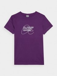 4F T-shirt slim z nadrukiem damski - fioletowy XS. Fioletowe t-shirty 4f, xs, bez wzorów, z bawełny, klasyczne, bez kołnierzyka, bez ramiączek. Za 29.99 zł.