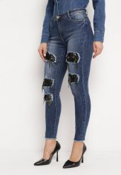 Granatowe Jeansy Skinny z Dziurami Ozdobionymi Cyrkoniami Neeron. Niebieskie jeansy Born2be, l, bez wzorów, z jeansu. Za 89.99 zł.