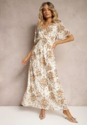 Beżowa Sukienka Kopertowa z Krótkim Rękawem Wiązana z Tyłu z Gumką w Talii Cristola. Brązowe sukienki Renee, l, bez wzorów, eleganckie, bez kołnierzyka, bez ramiączek, maxi, kopertowe. Za 109.99 zł.