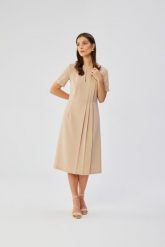 Beżowa Midi Sukienka z Ozdobnymi Zakładkami. Brązowe sukienki MOE, l, bez wzorów, z elastanu, bez kołnierzyka, bez ramiączek, midi, rozkloszowane. Za 326.90 zł.