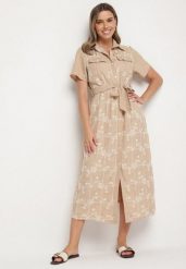 Beżowa Sukienka o Koszulowym Kroju z Wiązanym Paskiem i Haftem Malavea. Brązowe sukienki Born2be, na co dzień, l, bez wzorów, eleganckie, bez kołnierzyka, bez ramiączek, maxi, koszulowe. Za 129.99 zł.