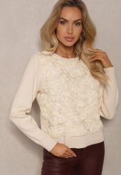 Jasnobeżowy Sweter z Wiskozą Ozdobiony Aplikacjami z Siateczki Harilia. Brązowe swetry Renee, z aplikacjami, z jeansu, casualowe, bez ramiączek. W wyprzedaży za 119.99 zł.
