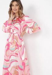 Fuksjowa Sukienka Dynaia. Czerwone sukienki Born2be, na imprezę, s, bez wzorów, z materiału, eleganckie, bez kołnierzyka, bez ramiączek, midi, plisowane. Za 189.99 zł.