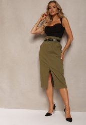 Zielona Bawełniana Spódnica High Waist z Rozcięciem Paskiem i Gumką w Talii Crisbella. Zielone spódnice Renee, na co dzień, l, bez wzorów, z bawełny, eleganckie, midi, proste. W wyprzedaży za 75.99 zł.