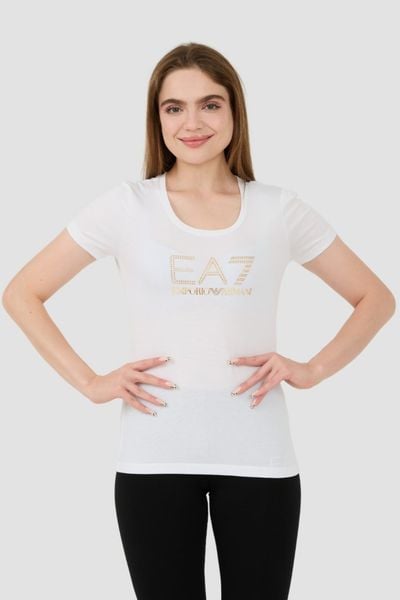 EA7 Biały damski t-shirt z cyrkoniami, Rozmiar S. Białe t-shirty EA7 Emporio Armani, s, bez wzorów, bez kołnierzyka, bez ramiączek. W wyprzedaży za 218.99 zł.
