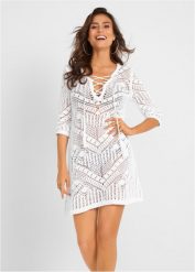 Sukienka plażowa z dzianiny. Białe sukienki bonprix, na plażę, bez wzorów, z dzianiny, bez kołnierzyka, bez ramiączek. Za 127.99 zł.