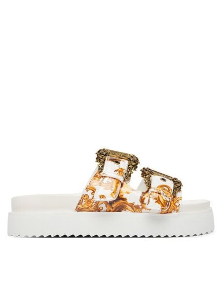 Versace Jeans Couture Klapki 80VA3SM1 ZS366 Złoty. Żółte klapki Versace Jeans Couture, bez wzorów, z jeansu, bez obcasa, bez zapięcia. Za 559.99 zł.
