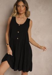 Czarna Rozkloszowana Sukienka z Bawełny Zdobiona Guzikami Iffanise. Czarne sukienki Renee, na co dzień, l, z aplikacjami, z bawełny, eleganckie, bez kołnierzyka, bez ramiączek, mini, rozkloszowane. W wyprzedaży za 39.99 zł.