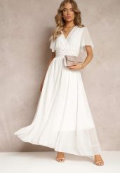 Biała Rozkloszowana Sukienka z Kopertowym Dekoltem Obillis. Białe sukienki Renee, na imprezę, uniwersalny, bez wzorów, z jeansu, eleganckie, bez kołnierzyka, bez ramiączek, maxi, kopertowe. W wyprzedaży za 119.99 zł.