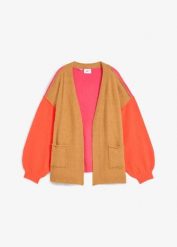 Sweter bez zapięcia oversize color-blocking. Brązowe swetry bonprix, bez wzorów, bez ramiączek. Za 107.99 zł.