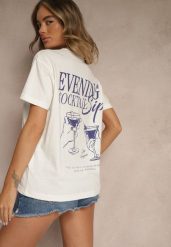 Jasnobeżowy T-shirt z Bawełny z Nadrukiem Adferia. Brązowe t-shirty Renee, l, bez wzorów, z bawełny, eleganckie, bez kołnierzyka, bez ramiączek. W wyprzedaży za 47.99 zł.