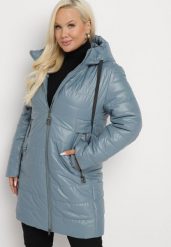 Niebieska Kurtka Pikowana z Troczkami przy Kapturze Olenelle. Niebieskie kurtki Born2be, xl, bez wzorów, z materiału, bez kaptura. W wyprzedaży za 209.99 zł.