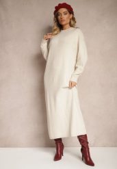 Jasnobeżowa Pudełkowa Sukienka z Dzianiny z Wiskozą Maziala. Brązowe sukienki Renee, na co dzień, bez wzorów, z dzianiny, eleganckie, bez kołnierzyka, bez ramiączek, midi. W wyprzedaży za 111.99 zł.