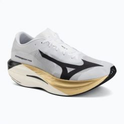 Buty do biegania Mizuno Hyperwarp Pro. Białe buty do biegania Mizuno, bez wzorów, z gumy, bez zapięcia, do biegania. Za 699.99 zł.