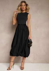 Czarna Sukienka z Wiskozy o Fasonie Balloon z Eleganckim Paskiem z Klamerką Stelliia. Czarne sukienki Renee, na co dzień, m, bez wzorów, z jeansu, eleganckie, bez kołnierzyka, bez ramiączek, maxi, kopertowe. W wyprzedaży za 151.99 zł.