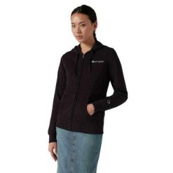 Damska Bluza Z Kapturem Zapinana Na Zamek Błyskawiczny. Czarne bluzy Champion, l, bez wzorów, z bawełny, z kapturem, trekkingowe. Za 386.99 zł.