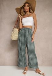 Zielone Spodnie o Szerokim Kroju High Waist z Geometrycznym Wzorem Farisia. Zielone jeansy Renee, l, bez wzorów, z bawełny, eleganckie, z podwyższonym stanem. W wyprzedaży za 20.99 zł.