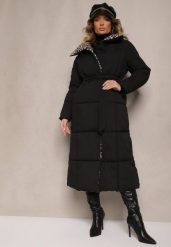 Czarno-Beżowa Długa Kurtka z Pikowanymi Przeszyciami i Kołnierzem w Panterkę Wiązana w Talii Tilfezi. Czarne kurtki Renee, l, bez wzorów, z jeansu, eleganckie, bez kaptura. W wyprzedaży za 188.99 zł.