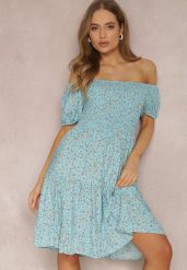 Niebieska Sukienka z Wiskozy Hermamia. Niebieskie sukienki Renee, s, bez wzorów, z tkaniny, bez kołnierzyka, bez ramiączek, mini, rozkloszowane. W wyprzedaży za 55.99 zł.